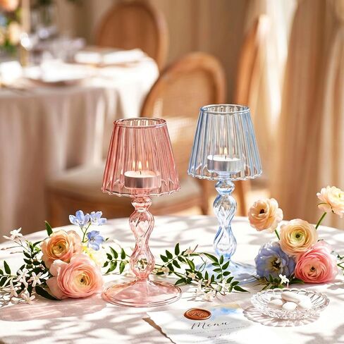 Mumufy 4 Pcs Desk Lamp Shaped Glass Candle Holder Glass Hurricane Candleholders Crystal Tealight Candle Stand Table Centerpiece for Wedding Dinning Party Supplies Festival Home Decor(Multicolor) in Kuwait