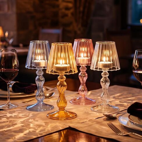 Mumufy 4 Pcs Desk Lamp Shaped Glass Candle Holder Glass Hurricane Candleholders Crystal Tealight Candle Stand Table Centerpiece for Wedding Dinning Party Supplies Festival Home Decor(Multicolor) in Kuwait