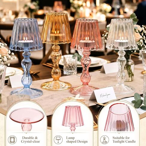 Mumufy 4 Pcs Desk Lamp Shaped Glass Candle Holder Glass Hurricane Candleholders Crystal Tealight Candle Stand Table Centerpiece for Wedding Dinning Party Supplies Festival Home Decor(Multicolor) in Kuwait