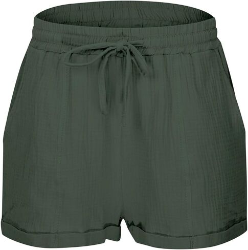 شورت نسائي برباط مع جيوب من القطن والكتان بأرجل واسعة وخصر عالي، سروال صيفي كاجوال فضفاض مناسب للشاطئ in Kuwait