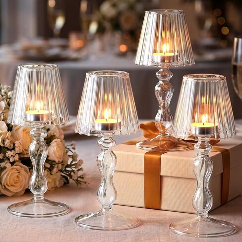 Mumufy 4 Pcs Desk Lamp Shaped Glass Candle Holder Glass Hurricane Candleholders Crystal Tealight Candle Stand Table Centerpiece for Wedding Dinning Party Supplies Festival Home Decor(Multicolor) in Kuwait