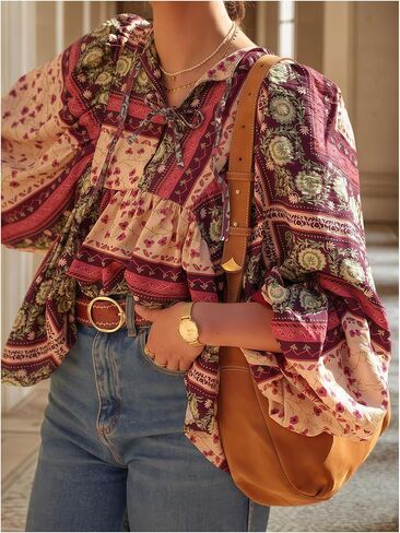 Verdusa Women's Boho Tribal Peasant Blouses Vintage Tie Neck Loose Peplum Dressy Tops Vacation Shirts in Kuwait