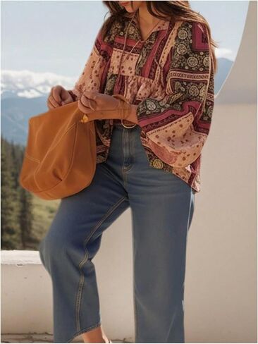 Verdusa Women's Boho Tribal Peasant Blouses Vintage Tie Neck Loose Peplum Dressy Tops Vacation Shirts in Kuwait