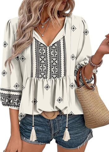 قطع علوية من Magritta Boho للسيدات صيفية غير رسمية بأكمام 3/4 بلوزات فلاحية قمصان عصرية بطيات أمامية ورقبة على شكل V in Kuwait