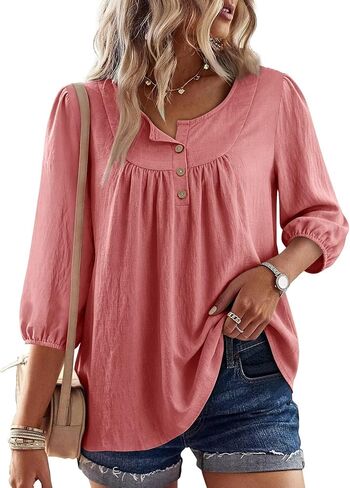 قطع علوية من Magritta Boho للسيدات صيفية غير رسمية بأكمام 3/4 بلوزات فلاحية قمصان عصرية بطيات أمامية ورقبة على شكل V in Kuwait