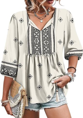 قطع علوية من Magritta Boho للسيدات صيفية غير رسمية بأكمام 3/4 بلوزات فلاحية قمصان عصرية بطيات أمامية ورقبة على شكل V in Kuwait
