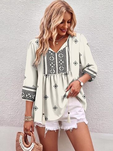 قطع علوية من Magritta Boho للسيدات صيفية غير رسمية بأكمام 3/4 بلوزات فلاحية قمصان عصرية بطيات أمامية ورقبة على شكل V in Kuwait