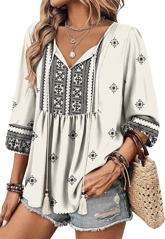 قطع علوية من Magritta Boho للسيدات صيفية غير رسمية بأكمام 3/4 بلوزات فلاحية قمصان عصرية بطيات أمامية ورقبة على شكل V in Kuwait
