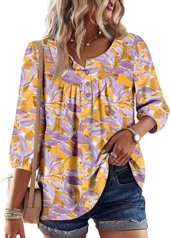 قطع علوية من Magritta Boho للسيدات صيفية غير رسمية بأكمام 3/4 بلوزات فلاحية قمصان عصرية بطيات أمامية ورقبة على شكل V in Kuwait