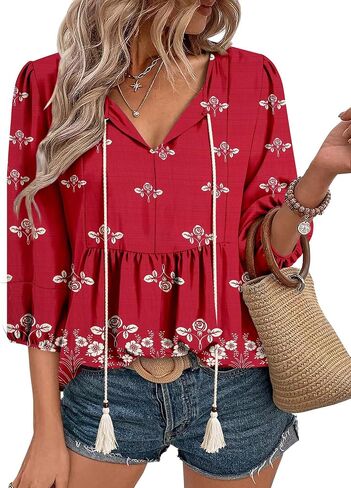 قطع علوية من Magritta Boho للسيدات صيفية غير رسمية بأكمام 3/4 بلوزات فلاحية قمصان عصرية بطيات أمامية ورقبة على شكل V in Kuwait