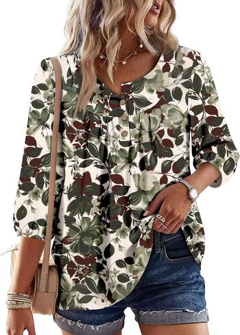 قطع علوية من Magritta Boho للسيدات صيفية غير رسمية بأكمام 3/4 بلوزات فلاحية قمصان عصرية بطيات أمامية ورقبة على شكل V in Kuwait