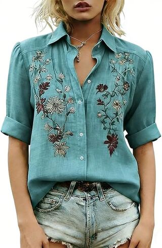 Women's Floral Embroidered Blouse Button Down Collared Sleeve Top in Saudi Arabia