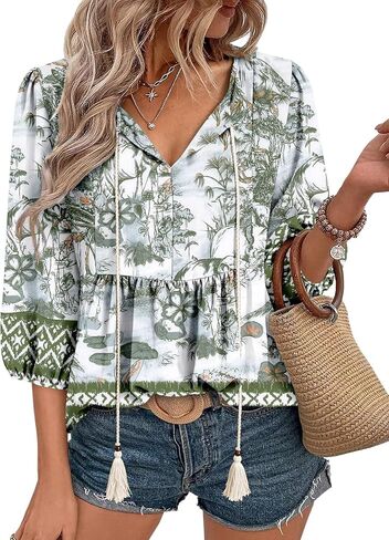 قطع علوية من Magritta Boho للسيدات صيفية غير رسمية بأكمام 3/4 بلوزات فلاحية قمصان عصرية بطيات أمامية ورقبة على شكل V in Kuwait