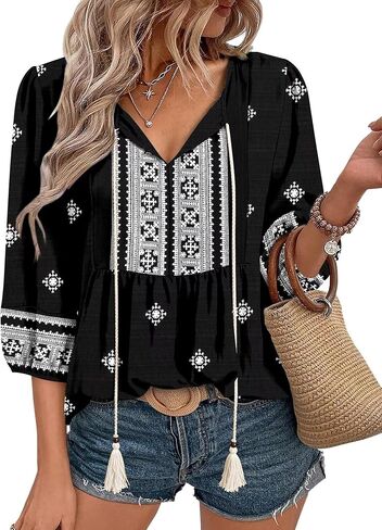 قطع علوية من Magritta Boho للسيدات صيفية غير رسمية بأكمام 3/4 بلوزات فلاحية قمصان عصرية بطيات أمامية ورقبة على شكل V in Kuwait