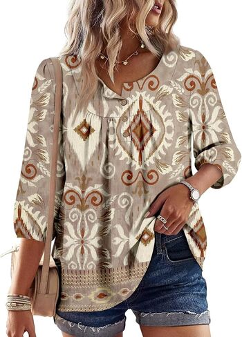 قطع علوية من Magritta Boho للسيدات صيفية غير رسمية بأكمام 3/4 بلوزات فلاحية قمصان عصرية بطيات أمامية ورقبة على شكل V in Kuwait