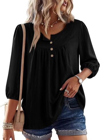قطع علوية من Magritta Boho للسيدات صيفية غير رسمية بأكمام 3/4 بلوزات فلاحية قمصان عصرية بطيات أمامية ورقبة على شكل V in Kuwait