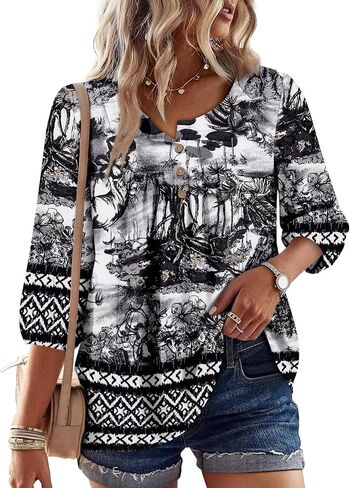 قطع علوية من Magritta Boho للسيدات صيفية غير رسمية بأكمام 3/4 بلوزات فلاحية قمصان عصرية بطيات أمامية ورقبة على شكل V in Kuwait