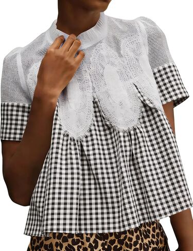 Gozoloma Women's Plaid Lace Short Sleeve Blouse Poplin Mesh Crew Neck Swing Babydoll Tops Casual Summer Shirts in Saudi Arabia