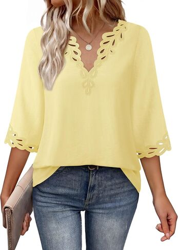 Lotusmile Womens Pretty Bohemian Eyelet Embroidery Blouses V Neck 3/4 Sleeve Casual Loose Fit Boho Summer Tops in Saudi Arabia