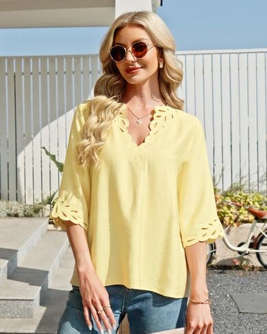 Lotusmile Womens Pretty Bohemian Eyelet Embroidery Blouses V Neck 3/4 Sleeve Casual Loose Fit Boho Summer Tops in Saudi Arabia