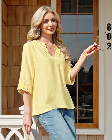 Lotusmile Womens Pretty Bohemian Eyelet Embroidery Blouses V Neck 3/4 Sleeve Casual Loose Fit Boho Summer Tops in Saudi Arabia