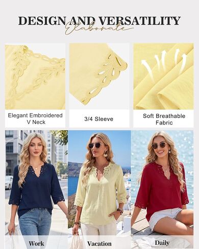 Lotusmile Womens Pretty Bohemian Eyelet Embroidery Blouses V Neck 3/4 Sleeve Casual Loose Fit Boho Summer Tops in Saudi Arabia