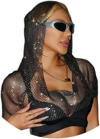 Rhinestone Mesh Hooded Cape,Rhinestone Mesh Tops for Women Sparkly Crystal Hollow Out Tops Shoulder Cape Cover Up for Party Rave Outfits in Kuwait