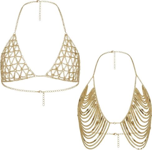 2-Piece Gold Body Chain Jewelry Set, Multi-layer Metal Chain Bra Top, Gold Sequin Bra for Women, Belly Dancer Top for Festival and Party Wear in Saudi Arabia