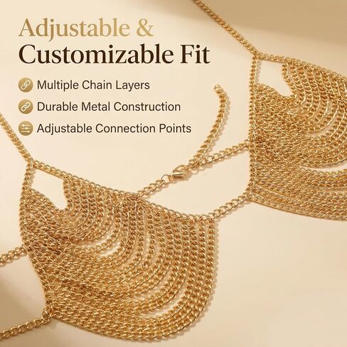 2-Piece Gold Body Chain Jewelry Set, Multi-layer Metal Chain Bra Top, Gold Sequin Bra for Women, Belly Dancer Top for Festival and Party Wear in Saudi Arabia