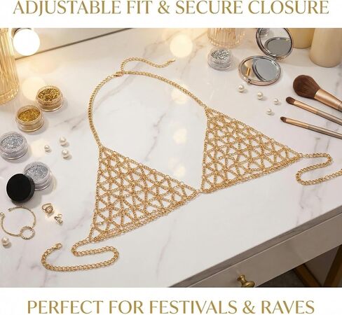2-Piece Gold Body Chain Jewelry Set, Multi-layer Metal Chain Bra Top, Gold Sequin Bra for Women, Belly Dancer Top for Festival and Party Wear in Saudi Arabia