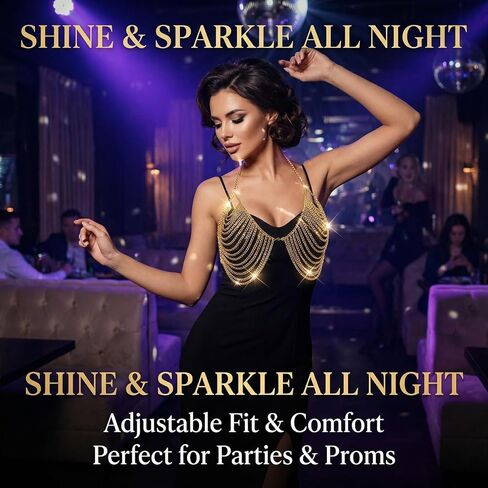 2-Piece Gold Body Chain Jewelry Set, Multi-layer Metal Chain Bra Top, Gold Sequin Bra for Women, Belly Dancer Top for Festival and Party Wear in Saudi Arabia