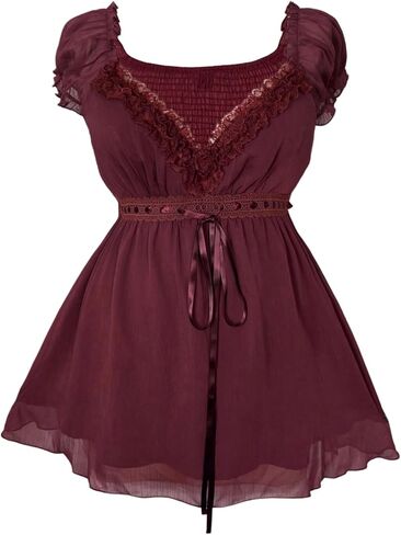 Verdusa Women's Plus Size Y2K Gothic Sheer Lace Blouse Puff Short Sleeve Shirred Ruffle Peplum Tops in Kuwait