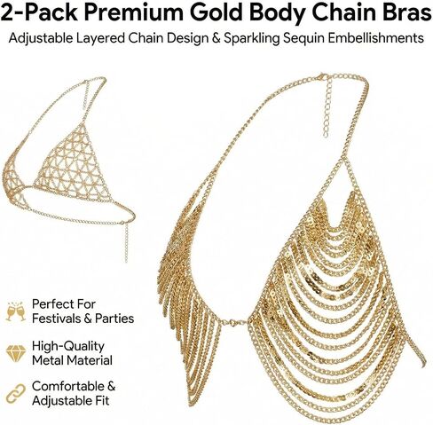 2-Piece Gold Body Chain Jewelry Set, Multi-layer Metal Chain Bra Top, Gold Sequin Bra for Women, Belly Dancer Top for Festival and Party Wear in Saudi Arabia