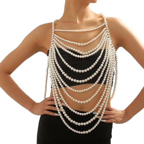 Multi-layered Pearl Tassel Chest Chain for Women Sexy Summer Bikini Beaded Bra Chain Wedding Festival Outfit Pearl Top Lingerie Chain Body Jewelry in Kuwait