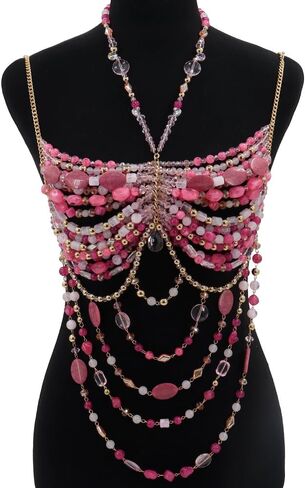 Fuchsia & Gold Beaded Body Chain, Handmade Body Chain Top, Beach Wear Bra for Rave in Saudi Arabia