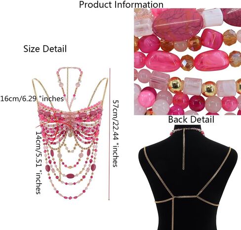 Fuchsia & Gold Beaded Body Chain, Handmade Body Chain Top, Beach Wear Bra for Rave in Saudi Arabia