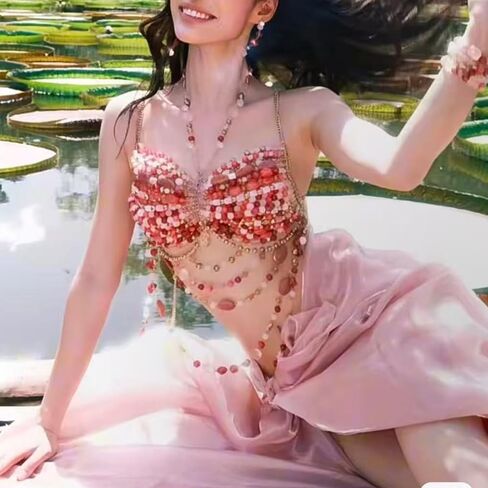 Fuchsia & Gold Beaded Body Chain, Handmade Body Chain Top, Beach Wear Bra for Rave in Saudi Arabia