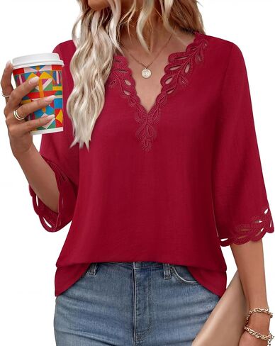 Lotusmile Womens Pretty Bohemian Eyelet Embroidery Blouses V Neck 3/4 Sleeve Casual Loose Fit Boho Summer Tops in Saudi Arabia