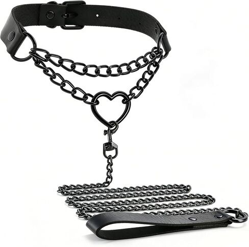 Black Chain Leash with Heart Collar, Gothic Rave Body Chain Necklace for Halloween Sexy Cosplay (11-15 inches) in Saudi Arabia