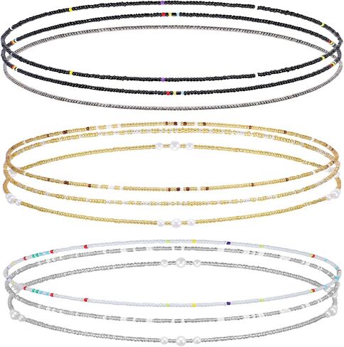 9Pcs Belly Beads for the Waist - Stretchy African Waist Beads for Weight Loss For Bikini Beach Summer - Gold White Black Belly Chain in Saudi Arabia