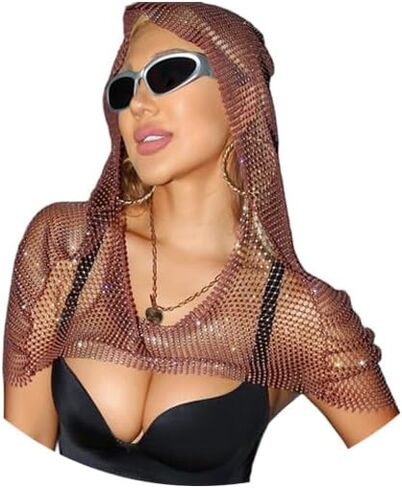 Rhinestone Mesh Hooded Cape,Rhinestone Mesh Tops for Women Sparkly Crystal Hollow Out Tops Shoulder Cape Cover Up for Party Rave Outfits in Kuwait