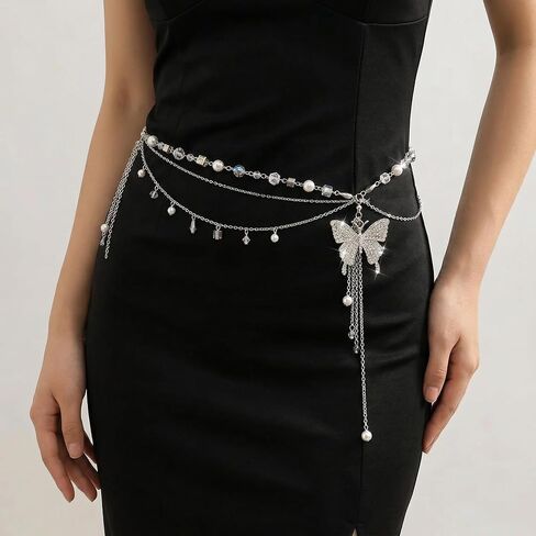 Butterfly Belly Chain - Silver Waist Chain for Women Layered Pearl Rhinestone Y2K Body Jewelry Adjustable Summer Beach Accessories for Bikini Festival Rave Outfits，gift for her jewelry. in Saudi Arabia