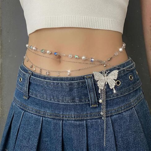 Butterfly Belly Chain - Silver Waist Chain for Women Layered Pearl Rhinestone Y2K Body Jewelry Adjustable Summer Beach Accessories for Bikini Festival Rave Outfits，gift for her jewelry. in Saudi Arabia