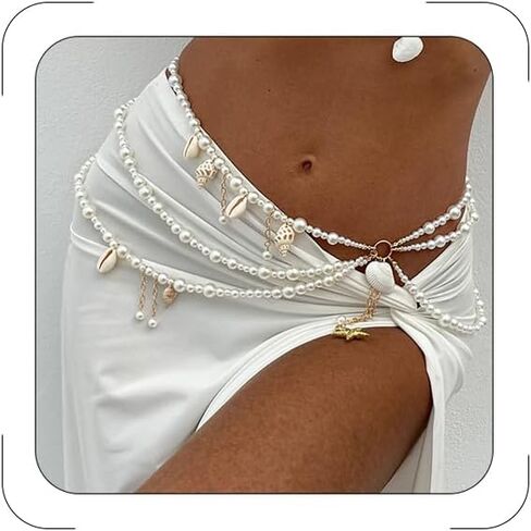 Starfish Shell Waist Chain for Women Adjustable Layered Pearl Body Chain Seashell Conch Waterproof Belt Chains Summer Bikini Beach Mermaid Accessories in Kuwait
