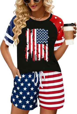 YI XIANG RAN 4th of July 2 Piece Outfits for Women 250 Anniversary USA Shirts American Flag Shirt Patriotic Short Sleeve Sets in Kuwait