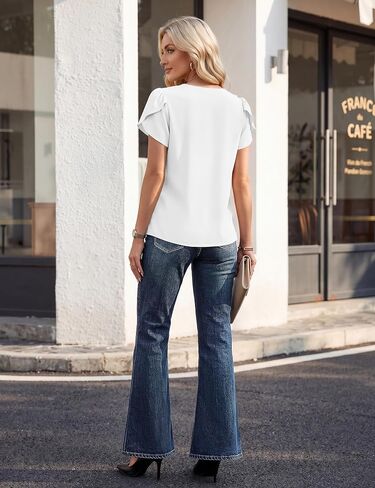Blooming Jelly Blouses for Women Dressy Casual Short Sleeve Tops Ruffle V Neck Shirt Summer Business Outfits in Kuwait