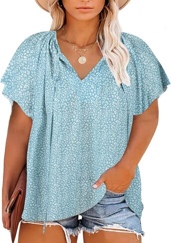 Halife Women's Plus Size Boho Tops Floral String V Neck Casual Summer Beach Blouses Shirts in Kuwait