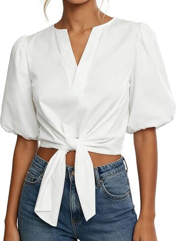 Remidoo Women's Puff Sleeve Tie Front Crop Top Blouse Back Button Down V Neck Tops in Kuwait