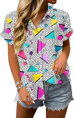 80s Shirts for Women Short Sleeve Button Down Hawaiian Shirt Disco 80s 90s Theme Party Outfit in Kuwait