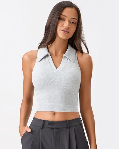 Women's Polo Tank Top with Built in Bra V Neck Collared Ribbed Sleeveless Tops Yoga Workout Cropped Tank in Kuwait